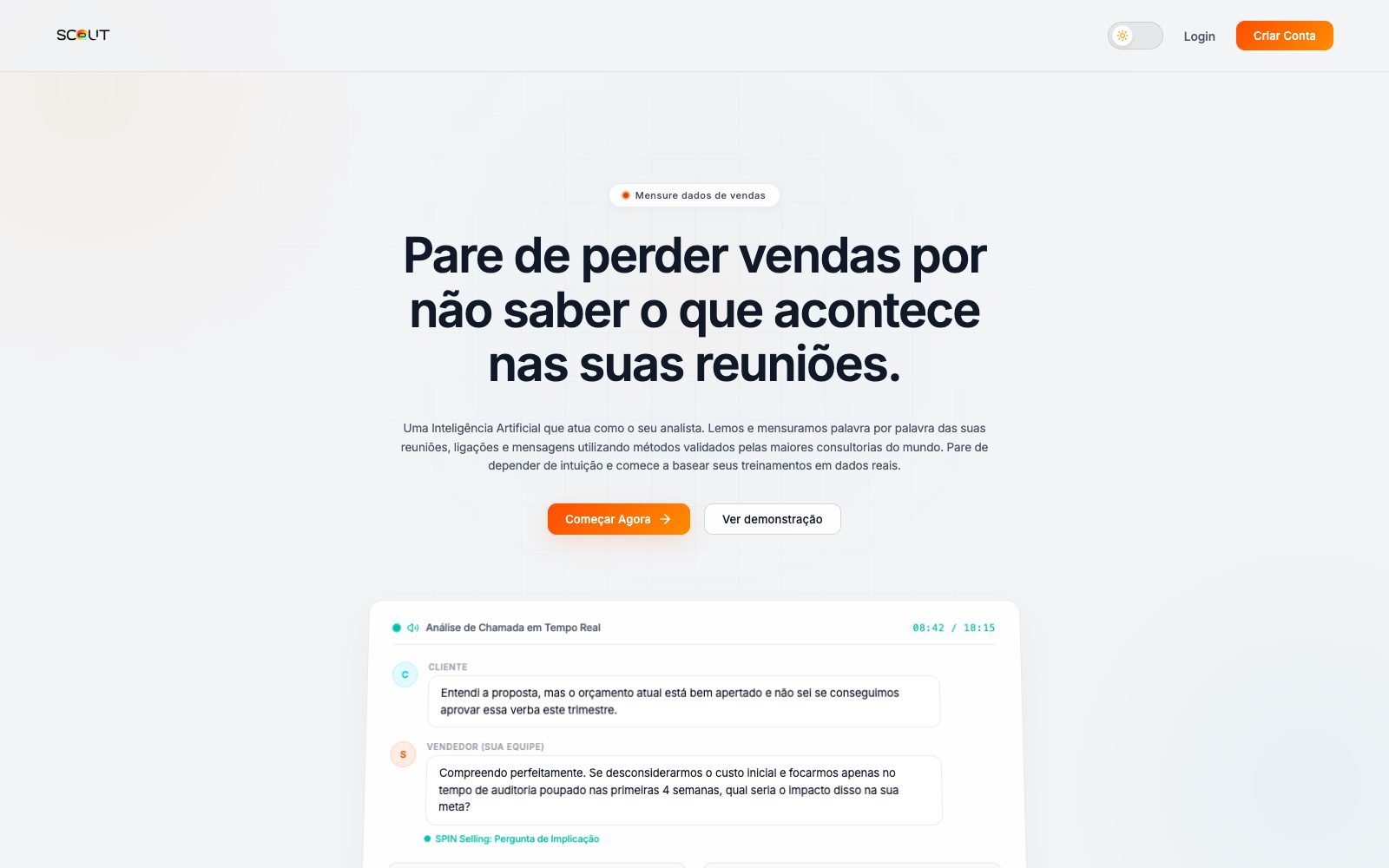 Página inicial do site Scout - SaaS de IA